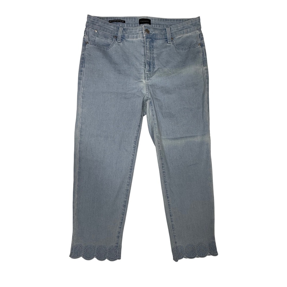 Talbots Womens 10P Light Wash Straight Leg Crop Jeans Scalloped Embroidered Hem